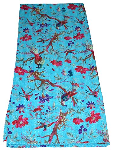 Yuvancrafts - Colcha Kantha India Hecha a Mano de algodón Puro con Estampado de pájaros y Flores, Manta Azul