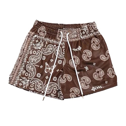 BOOMLEMON Mens Paisley Shorts Mesh Graphic Print Retro Casual Shorts Athletic Gym Basketball Running Short Pants(Brown XL)