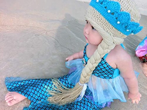 Crochet ice Queen Princess Beanie Knit hat with Tiara and Braid for Baby Girl Toddler Blue (Size M)2