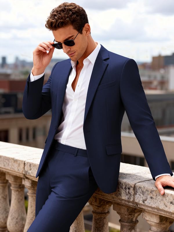 Image of MAGE MALE Mens 2 Piece Suit Slim Fit Solid Wedding Prom Tuxedo Suit with One Button Notch Lapel Blazer and Pants