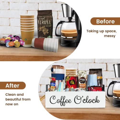 Coffee Station Organizer With Small Removable Dividers, Wooden Coffee Bar Accessories Storage For Countertop, Farmhouse Kcup Coffee Pod Holder Basket With Handle For Coffee Lover (White) #TOP2