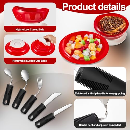 2 Sets Adaptive Utensils Bowl and Plate Set Adaptive Self Feeding Dinnerware with Suction Base Non Slip Bendable Cutlery for Elderly Disabled Hand Tremors Arthritis Parkinson(Red) - Image 4