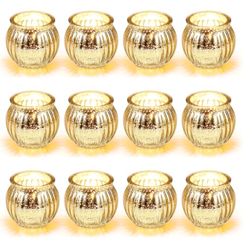 Hejo 12 Piezas Portavelas Cristal, Tipo Calabaza Portavelas Decoracion, Exquisito Portavelas de Te, Clásico Soporte para Velas de té para Bodas, Fiestas, Decoración de Navidad(Dorado)