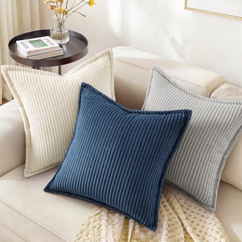 decorUhome Corduroy Grey Throw Pillow Covers 22x22 Set of 2 Decorative Soft Boho Striped Neutral Euro Farmhouse Couch Pillow Cases with Broadside for Living Room Bed Sofa