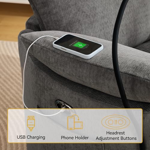 Image of Power Recliner Chairs, 360 Swivel Rocking Chair Nursery with USB /Type-C & Phone Holder, Gilder Reclining Chair with Side Pocket for Adults, Barrel Recliners for Living Room, Chenille Dark Grey