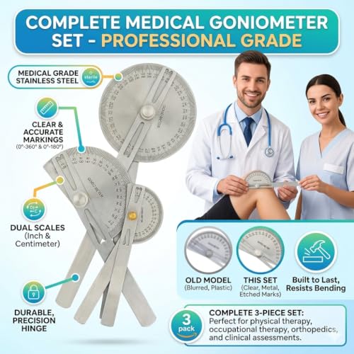 Image of Professional Goniometer Set of Physiotherapy Kit with Knee Hammer, Stainless Steel Measurement Tools, One Pair Blue Gloves, Face Mask, Marker Pen, Red Storage Case.