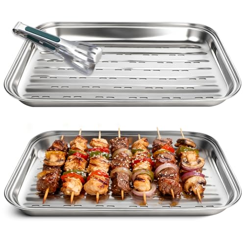 Niuny BBQ Grillschalen Aus Edelstahl 2Stk Grillschale Edelstahl mit 1 Grillzange 34,9x24,5x2,7cm Silber Gemüse Grillschale Wiederverwendbar mit Löchern Grillzubehör für Gemüse Fleisch und Fisch