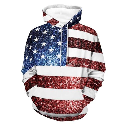 U.S. Flag Red Blue Sparkles Glitters Hoodies for Men 3D Print Pullover Hooded Drawstring Loose Sweatshirt with Big Pockets - Main Image