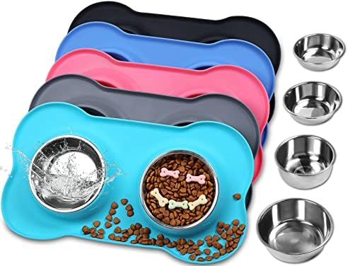 VIVAGLORY Dog Bowls Stainless Steel Water and Food Puppy Cat Bowls with Non Spill Skid Resistant Silicone Mat, Medium, Turquoise