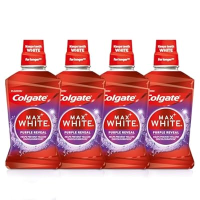 Colgate Max White Purple Reveal Enjuague bucal 4x 500ml |Blanqueador de dientes |Mantiene los dientes blancos por más tiempo |Prevención duradera de manchas| Ayuda a prevenir la decoloración amarilla