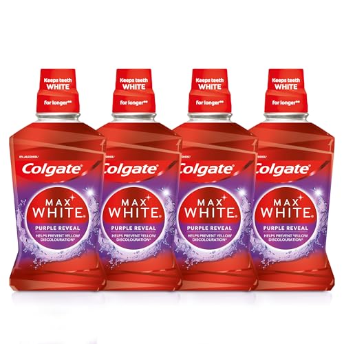Colgate Max White Purple Reveal Enjuague bucal 4x 500ml |Blanqueador de dientes |Mantiene los dientes blancos por más tiempo |Prevención duradera de manchas| Ayuda a prevenir la decoloración amarilla
