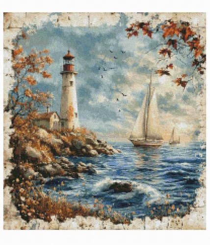 Image of Moohue 14ct Counted Cross Stitch Kits for Adults Seaside Tower Boat Printed Stamped Cross Stitch Patterns Kits Cross Stitch Supplies (Seaside Tower Boat)