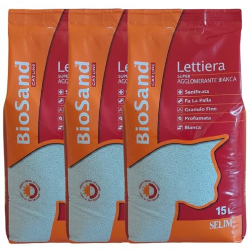 OFFERTA 3 Confezioni BioSand Lettiera Gatto Super Agglomerante Bianca - 3 X 15 Litri - Sabbia Bentonite Naturale Sanificata e Profumata al Talco - Granulo Fine, Massima Igiene e Controllo Odori.
