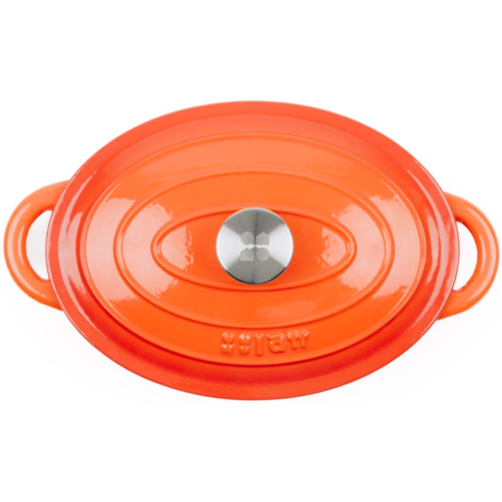 Cocotte in Ghisa Smaltata Arancione. Forno Olandese Pentola Ovale Antiaderente 29x21x11 CM - 3,85 L. Casseruola Pentola in Ferro per Induzione, Vetroceramica e Forno