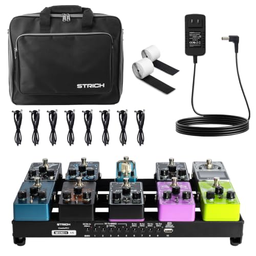 Image of STRICH Pedal Board with Built-in Power Supply, Guitar Pedalboard 15 inch x 7.8 inch Lightweight 2.17lb Aluminum Alloy with Pedal Cables, Bag, Hook Loop Strips MINI+ 15