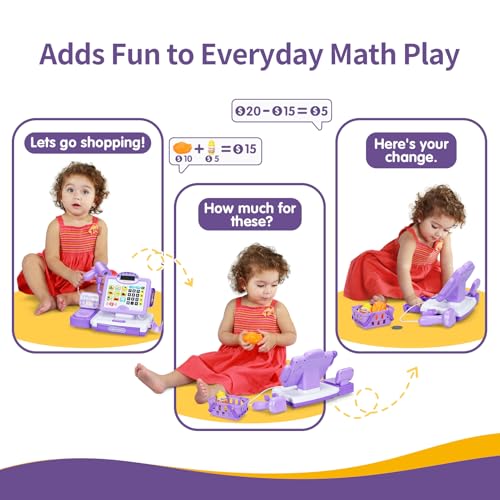 Image of FS Pretend Play Cash Register Toy Preschool Gift for Kids, Classic Count Toy with Sound, Microphone, Scanner, Credit Card, Play Food for Boys & Girls, 57 Pieces Play Set, Ages 3 4 5 6 7, Purple