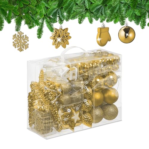 Relaxdays 100x Christmas Ornaments, Baubles, Glittering, Matte & Shiny, Tree Decorations, Plastic, 10 Designs, Gold