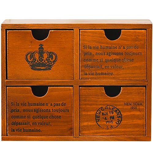 4-Drawer Vintage Desk Organizer in Mahogany Brown - Wooden Storage Drawers for Tabletop - Vintage Style Desktop Organizing Cabinet with 4 Drawers - Office Study Table Wood Storage Box Organizer