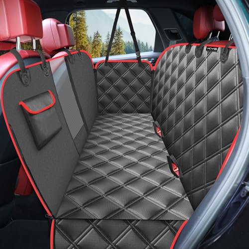 KYG Car Seat Cover With Hammock and Side Protection - Durable Scratch Proof and Waterproof Pet Protector for Cars/Trucks/SUV With Mesh Window - 135 x 148 cm Red & Black