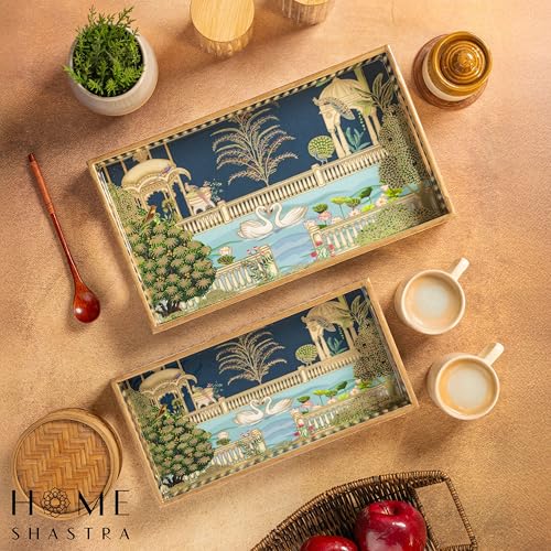 Image of Swan Wooden Serving Tray with Gold Engraving | Set of 2 | Size : 14 x 8 inch & 12 x 6 inch | Enamel Coated Waterproof | Rectangular | Swan Set of 2
