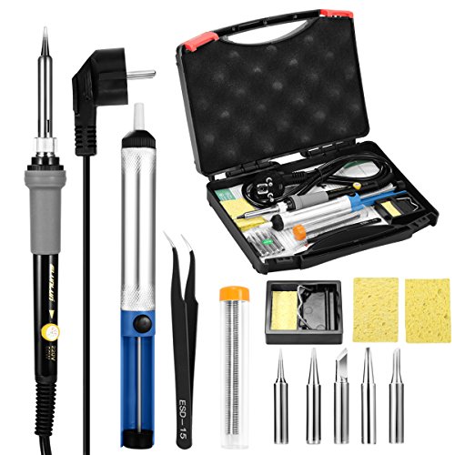 Glunlun 13-en-1 Set de Soldadura Eléctrico 60W 220V Soldador Temperatura Regulable 200-450°C, Soldar Soporte, Bomba Desoldadora, Pinzas Antiestáticas, Soldadura de estaño y 5 PCS Puntas