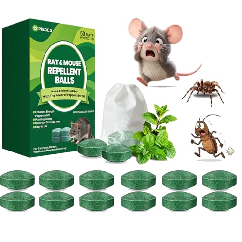 12 Uds. Pastillas Repelentes de Roedores con Aceite de Menta, Ahuyentador Natural de Roedores y Ratones, Ahuyentador de Ratones Eficaz, Fórmula Vegetal Mejorada para Áticos, Garajes y Jardines