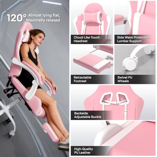 Image of Athena Collection Ergonomic Gaming Chair for Adults, Pink | Height Adjustable Office Chair Computer Desk Chair with Footrest & Headrest Lumbar Support for Office & Home, 350lbs
