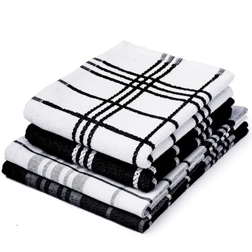 Image of Encasa XO Kitchen Towels and Dish Cloths Sets | Black Non-Terry+Terry Highly Absorbent Cotton Terry Towels | 70x45 cm | Multipurpose for Washing Dishes and Cleaning Pack of 4