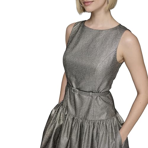 Image of Karl Lagerfeld Women's Sleeveless Boat Neck Drop Waist Belted Midi Dress