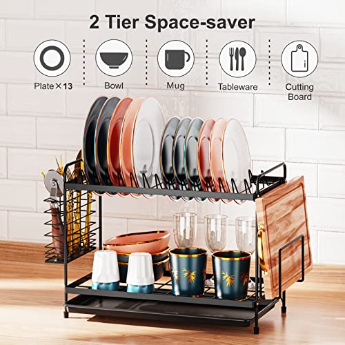 iSPECLE 2 Tier Dish Drainer, Dish Drying Rack with Drip Tray, Sink Draining Board with Utensil Cutting & Board Holder for Kitchen Counter(Black Round) - Image 3