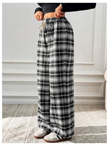 SHENHE Women's Plaid High Drawstring Waist Pants Wide Leg Loose Casual Long Pants4