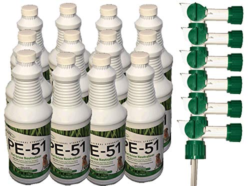 PE-51 Zeofill Pet Urine Cleaner 32oz Bottle - 12 Pack | Includes 6 Max Flow Garden Hose Spray Nozzle; Pet Odor Eliminator for Grass, Artificial Turf, Patios & Outdoor Use