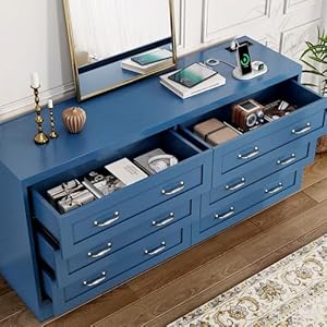 DWVO Farmhouse 6 Drawer Dresser for Bedroom, 31.5 Inch Tall Modern Dresser TV Stand with Large Drawers & Bar Handles, Storage Dressers with Power Outlets, Rustic Wood Chest of Drawers, Blue New DWVO Farmhouse 6 Drawer Dresser for Bedroom 315 Inch Tall Modern Dresser TV Stand with Large Drawers Bar Handles Storage Dressers with Power Outlets Rustic Wood Chest of Drawers Blue New