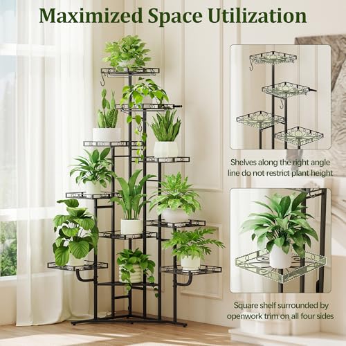 Image of Quikraen Plant Stand Indoor with Grow Lights, 58 inch Tall Lighted Corner Plant Shelf for Indoor Growing, 10-Tier Multiple Metal Large Flower Holder, Plant Rack for Home Decor, Patio (Black)