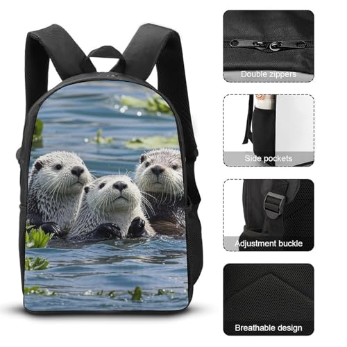 3 Piece Backpack for Women Men Lightweight Causal Daypack Shoulder Bag Set with Insulated Lunch Bag And Pencil Case Organizers Lovely Sea Otter3