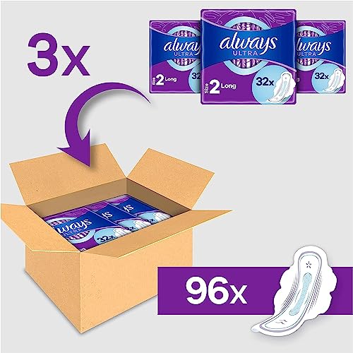 Always Ultra Binden Damen Gr. 2, Long, 96 Damenbinden mit Flügeln (3 x 32 Stück) Multipack, ultradünn und super absorbierend (Packung mit 2) – Ansicht 2