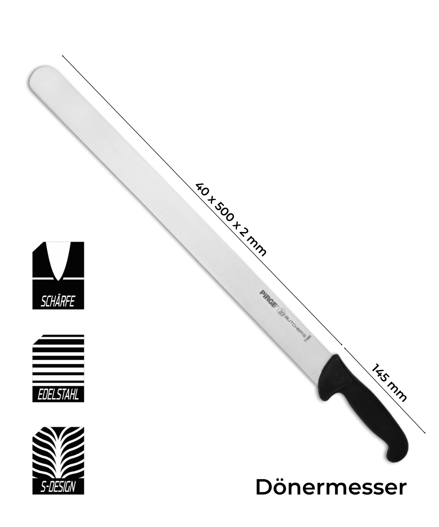 Pirge Nóż do krojenia mięsa i grilla, 50 cm, czarny, profesjonalny nóż do mięsa i grilla, ostrze ze stali nierdzewnej premium