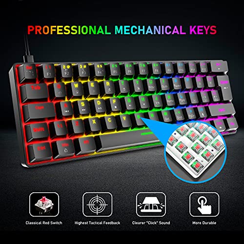 60% Mechanical Gaming Keyboard and Mouse Combo, Ultra-Compact Mini 62 Keys Type C Chroma 20 Rainbow Backlit Effects,RGB Lightweight Gaming Mouse,Mouse Pad and Keyboard Wrist Rest for PC/Mac