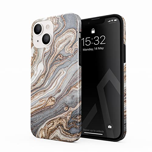 Burga Phone Case Compatible With Iphone 13 - Hybrid 2-Layer Hard Shell + Silicone Protective Case -Grey & Gold Shades Marble Nude Natural Brown Sand - Scratch-Resistant Shockproof Cover #TOP14