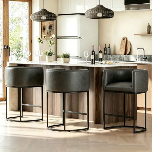 Image of 26 inch H Counter Height Bar Stools Set of 3, Modern Barrel Counter Stools with Backrest and Arms, Faux Leather Upholstered Accent Barstools for Kitchen Island,Support 450 LBS (Black)