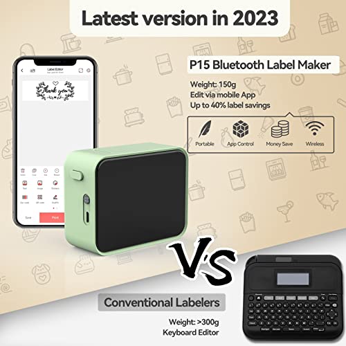 Pristar P15 Etikettiergerät Bluetooth Beschriftungsgerät Selbstklebend Wiederaufladbar Etikettendrucker, Labeldrucker für iOS&Android, Geeignet für Zuhause Schule Büro, Grün