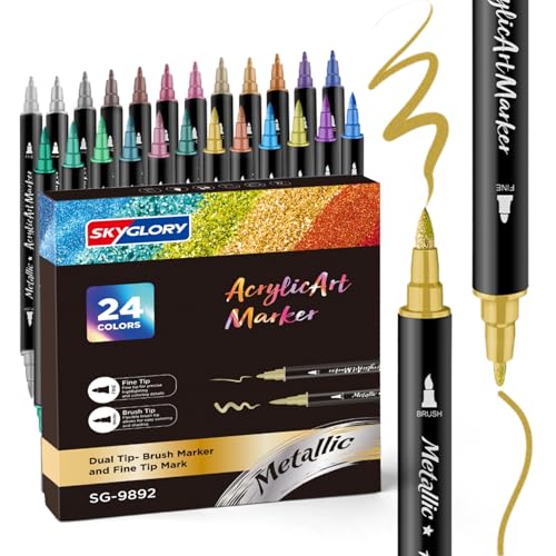 SKYGLORY 24 Colours Dual Tip Metallic Acrylic Paint Pens Set Fine & Brush Nib Metallic Paint Markers Multi-Surface Acrylic Marker Pens for Crafts Rocks Canvas Glass Wood Ceramics & Clothes