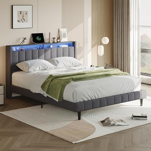 TIMORWTF - Marco de cama de 140 x 200 cm con somier, cabecero con función de almacenamiento, cama para 2 personas con iluminación LED y carga USB, fácil de montar, lino, sin colchón, gris