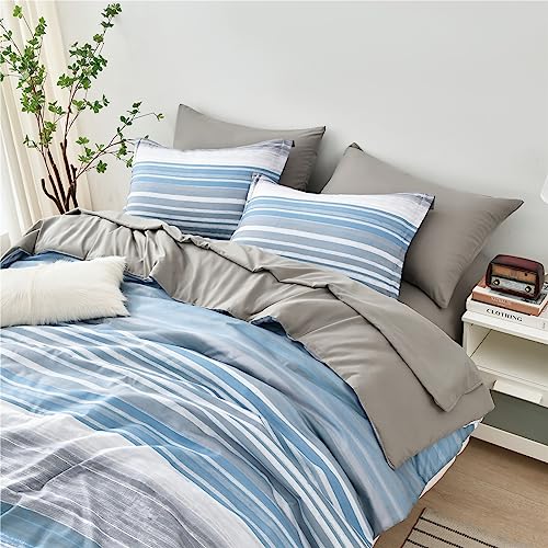 KAKIJUMN 7 Piece Bed in a Bag Stripe Comforter Set Full Size, White Grey Blue Striped Comforter and Sheet Set, All Season Soft Microfiber Complete Bedding Set(Light Blue,Full) - Image 6