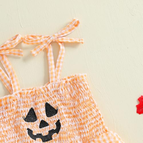 Rtnnsbbfcm Baby Girl Halloween Outfit Pumpkin Face Smocked Romper Sleeveless Short Jumpsuit Toddler Halloween Clothes4