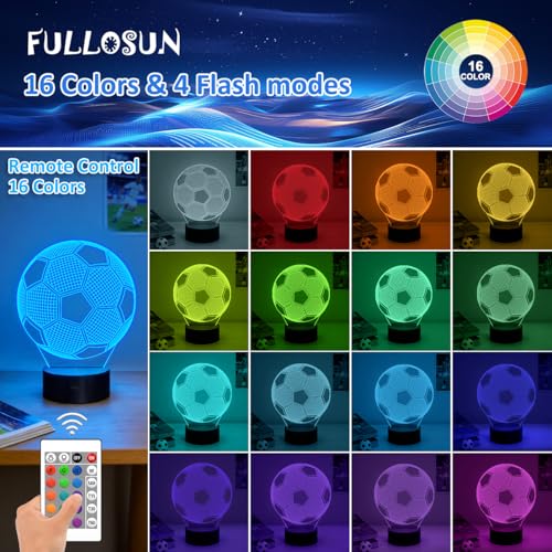 Image of FULLOSUN Kids Night Light Soccer 3D Optical Illusion Lamp with Remote Control 16 Colors Changing Football Birthday Xmas Valentine's Day Gift Idea for Sport Fan Boys Girls