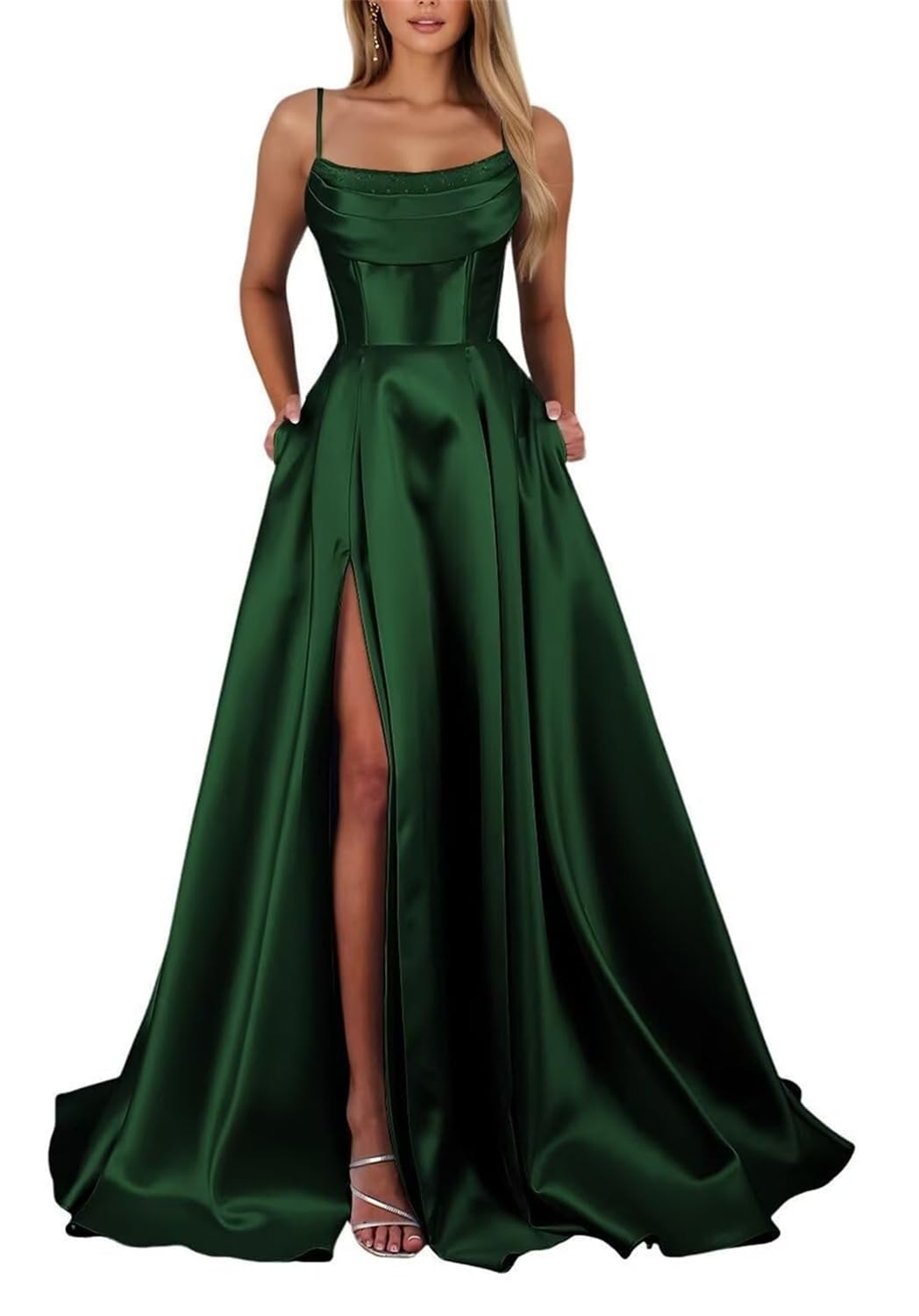 KIYNE Emerald Green Satin Prom Dresses with Slit for Women Sleeveless A Line Ball Gown Corset Formal Evening Dress UK14