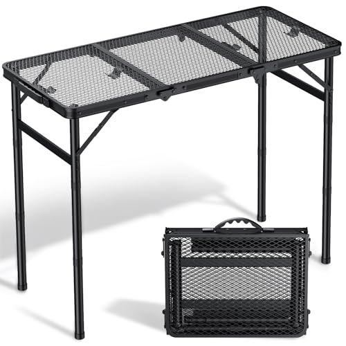 Image of Folding Camping Table, 34.2 inchx15.7 inch Picnic Table, 3 Adjust Height | 3-Fold Mesh Black Aluminum, Handle for Party Dining Garden Patio, Max 27.5 inch Folding Table