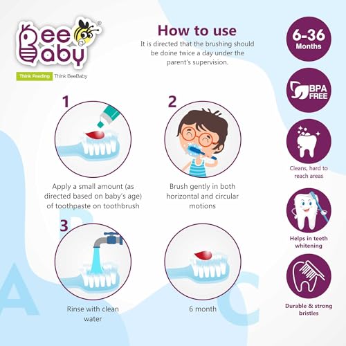 Image of BeeBaby Brush Buddy Toothbrush for Infants 6 Months +. Small Head 10 x Super Soft Tapered Bristles ideal for Milk Teeth, 100% BPA Free. Blue & Pink. Pack of 2