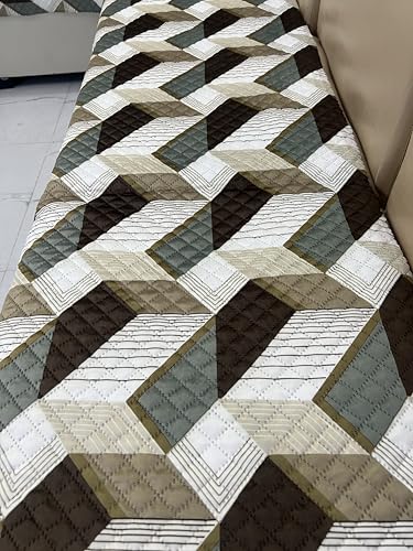 Image of JAPA Olive Mosaic Blocks Quilted Velvet L-Shape Seat-Only Sofa Cover for 3+2 Seater - Non-Slip Washable Daily Use Sofa Protector, Luxury Sofa Mat for Living Room